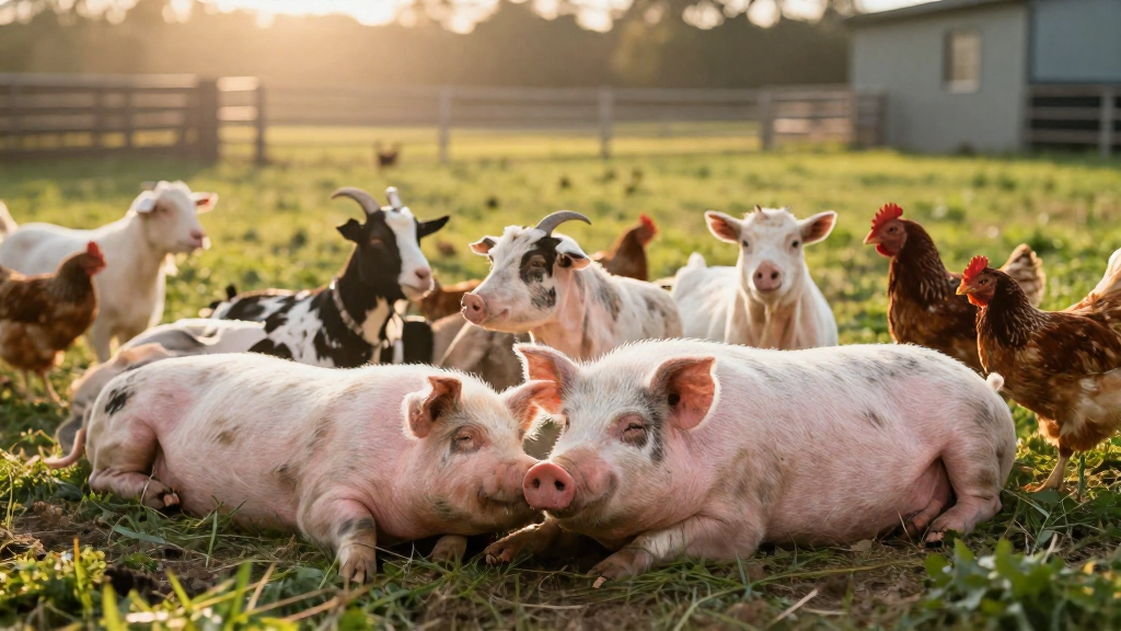 Gerettete Schweine, Ziegen und Hühner ruhen gemeinsam auf einer Weide